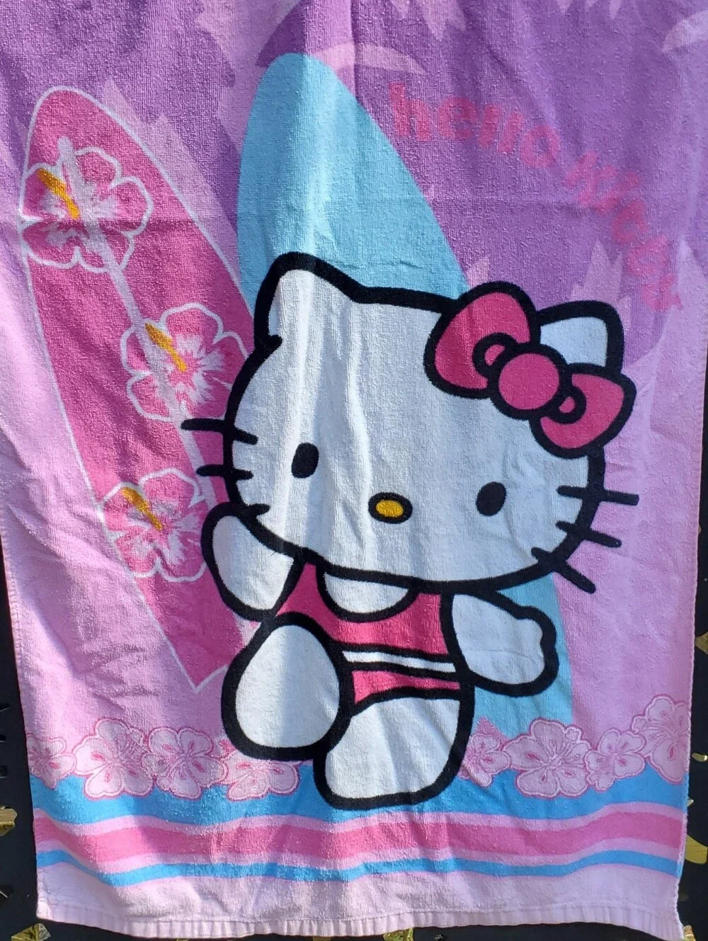 Hello Kitty VTG Sanrio Surfboards Flowers Bath Pool Beach Towel SEE PHOTOS - GUC